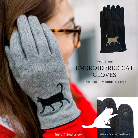 Embroidered Cat Ladies Wool Gloves