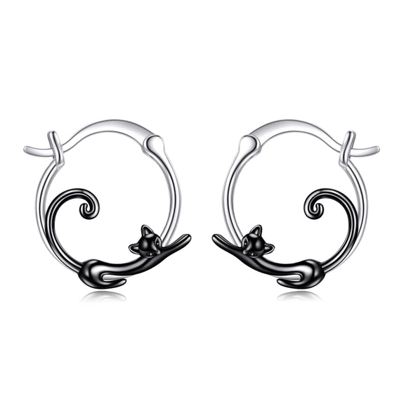 Curved Kitty Cat Black & Silver Earrings