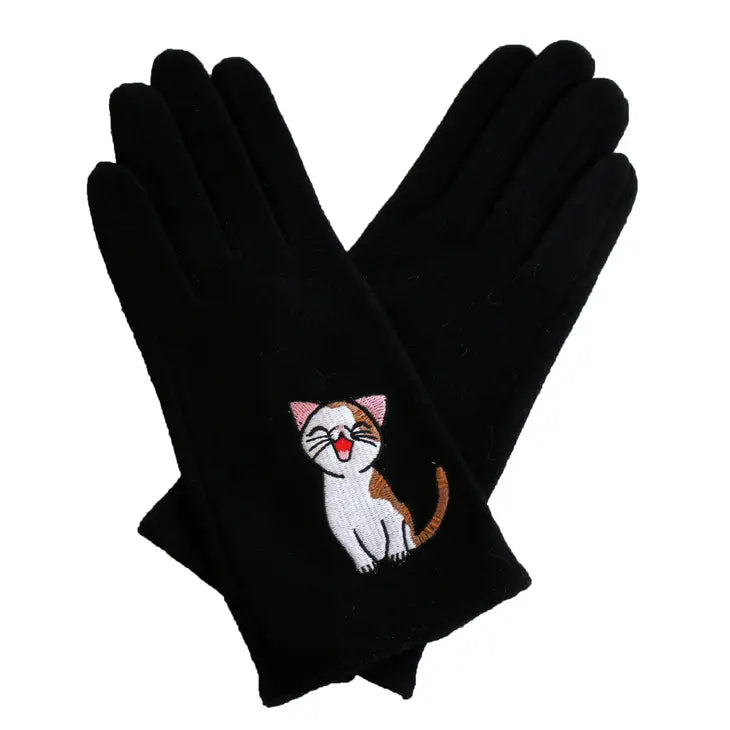 Embroidered Sweet Annie Cat Ladies Wool Gloves